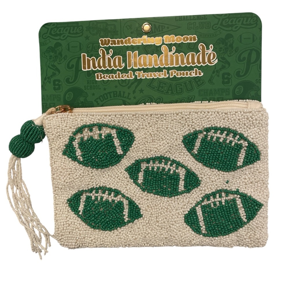 Viral Handcrafted Beaded Football Travel Pouch/Wallet Green and White